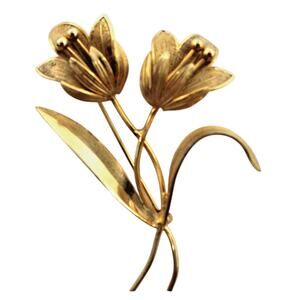 Vintage Giovani Double Lily Flower Brooch  Pin • Leaves • Gold Tone
